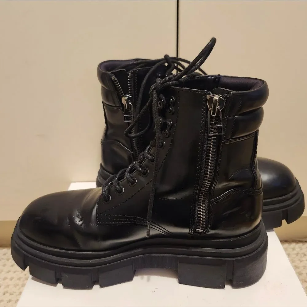 Rare ZARA Black Vegan Leather Lace-Up Chunky Platform Combat Ankle Boots Sz.9/40